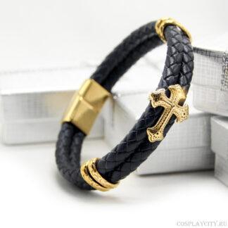 Мужской кожаный браслет с крестиком - антрацитовый - BGC77-23\goldencross\22\  - XL -