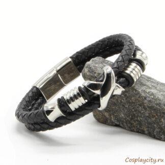Браслет из кожи и ювелирной стали черный BK362-03\cross-knot\  - XL -